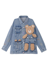 Art Denim Blau Peter Pan Kragen Patchwork Little Bear Button Mäntel Herbst
